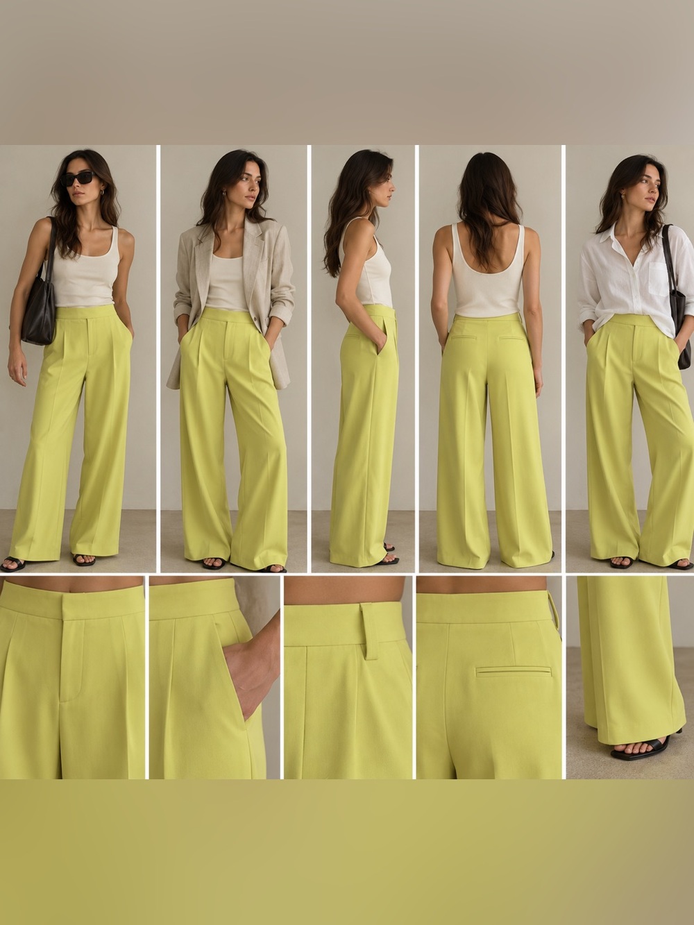 Alice & Olivia Pleat Code Lime Green Pleated Wide-Leg Pants